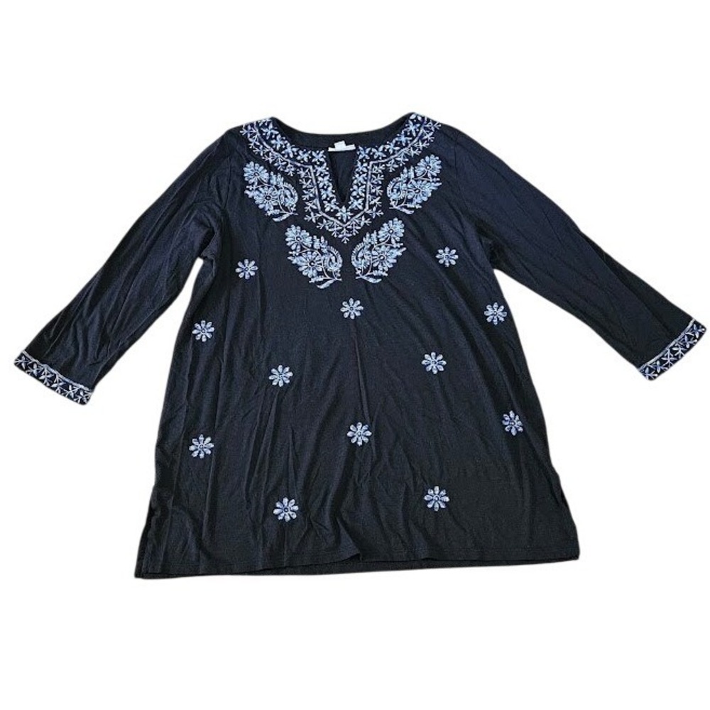J. Jill Floral Embroidered Tunic Top Womens Medium Blue Cotton Blend Boho Shirt
